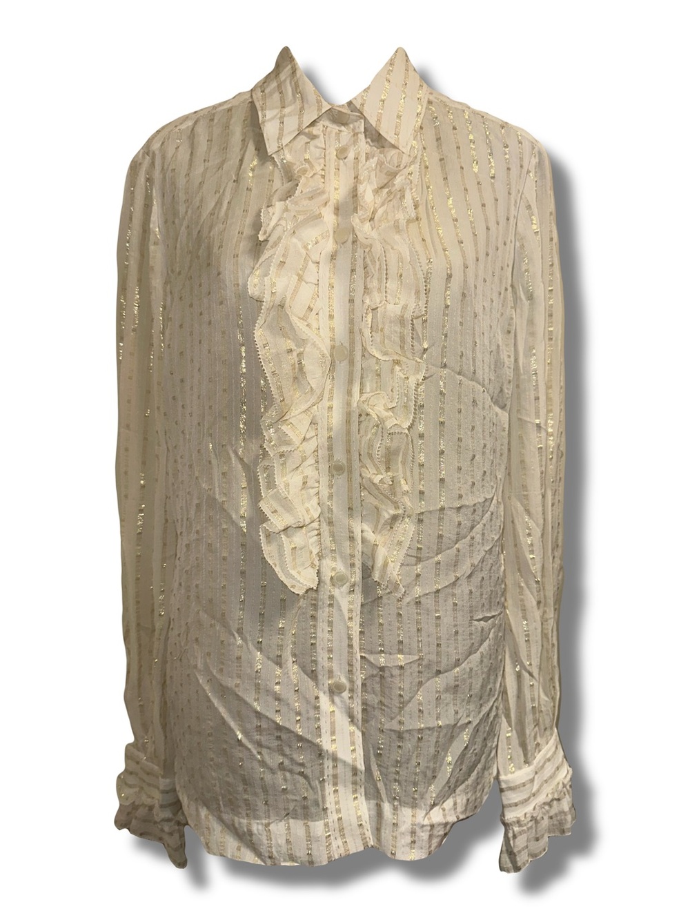 Tory Burch Cream Silk & Gold Metallic Striped Ruffle Button Down Shirt
